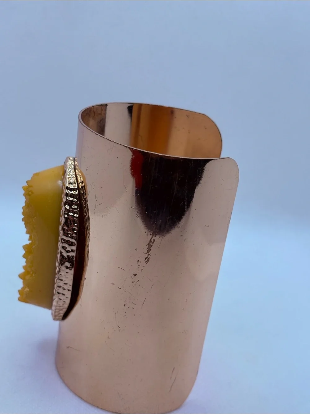 Large Faux Druzy Yellow Brass Cuff Bracelet 4” Hammered Adjustable